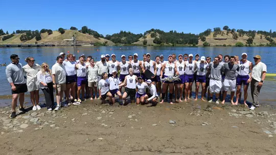 The entire UW men's rowing team celebrates the national championship at IRA regatta, 2026, Lake Natoma