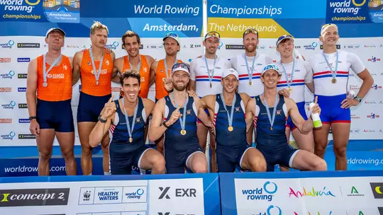 the medals stand for the men's four at the 2026 World Rowing Championships