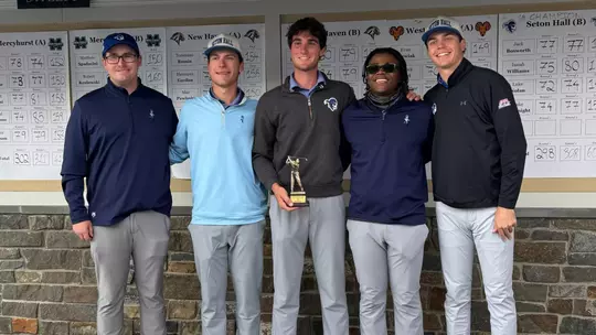 Seton Hall men's golf team poses after winning the Metropolitan Championship on Oct. 28, 2025