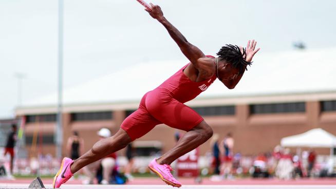 Alabama Track Athlete Khaleb McRae in action during day two of the Crimson Tide Invitational at Sam Bailey Track and Field Stadium in Tuscaloosa, AL on Saturday, Apr 6, 2024.
