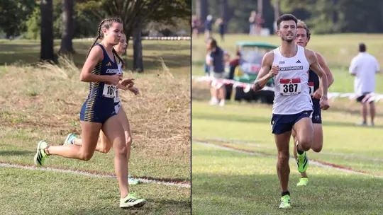 Split image of Chattanooga cross country runners competing at the Crimson Classic, with a runner in the women's race wearing blue on the left and a runner in the men's race wearing a white top on the right running on a grassy course.