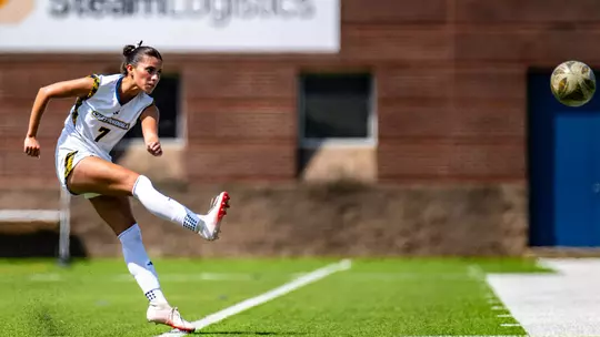 A soccer player in white is kicking the ball.
