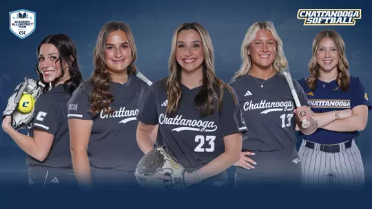 Graphic with five softball players in poses