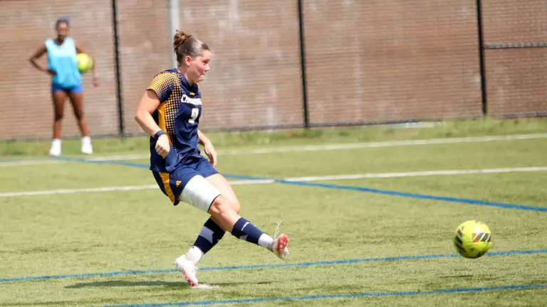 A soccer player in a dark uniform is shooting a penalty kick on the pitch.