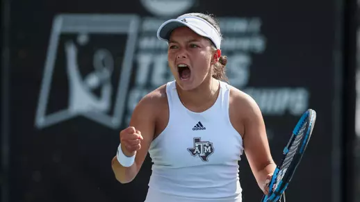 STILLWATER, OK - May 17, 2024 - Lucciana Perez of the Texas A&M Aggies during the NCAA Elite 8 game between the Virginia Cavaliers and the Texas A&M Aggies at Greenwood Tennis Center in Stillwater, Oklahoma. Photo By Ishika Samant