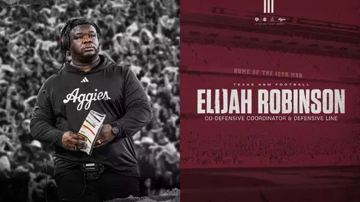 Texas A&M head coach Mike Elko announced Monday the hiring of Elijah Robinson as the Aggies' co-defensive coordinator and defensive line coach.