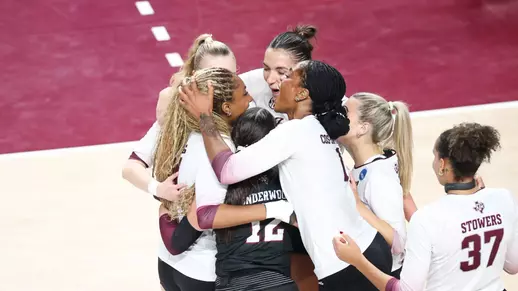 COLLEGE STATION, TX - December 06, 2025 - Middle Blocker Ifenna Cos-Okpalla #1 of the Texas A&M Aggies and Middle Blocker Morgan Perkins #21 of the Texas A&M Aggies during the game between the TCU Horned Frogs and the Texas A&M Aggies at Reed Arena in College Station, TX. Photo By Zoie Joslin/Texas A&M Athletics