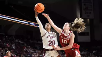 COLLEGE STATION, TX - January 01, 2026 - Guard Janae Kent #20 of the Texas A&M Aggies during the game between the Oklahoma Sooners and the Texas A&M Aggies at Reed Arena in College Station, TX. Photo By Bailee Wagner/Texas A&M Athletics