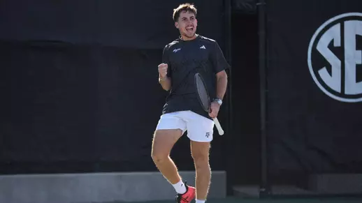 COLLEGE STATION, TX - January 17, 2026 - Alex Frusina of the Texas A&M Aggies during the game between the UT San Antonio Roadrunners and the Texas A&M Aggies at Mitchell Tennis Center in College Station, TX. Photo By Micah Richter/Texas A&M Athletics