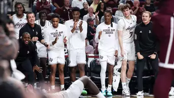 COLLEGE STATION, TX - January 21, 2026 - Texas A&M Aggies Men's Basketball Team during the game between the Mississippi St. Bulldogs and the Texas A&M Aggies at Reed Arena in College Station, TX. Photo By Ethan Mito/Texas A&M Athletics