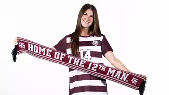 Ava Sexton dons a "Home of the 12th Man" Aggie soccer scarf during her recruiting weekend portrait shoot.
