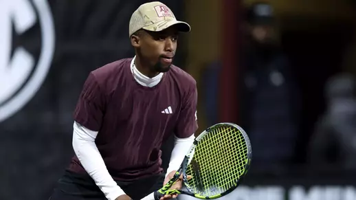 COLLEGE STATION, TX - January 17, 2026 - Kholo Montsi of the Texas A&M Aggies during the game between the UT Arlington Mavericks and the Texas A&M Aggies at Mitchell Tennis Center in College Station, TX. Photo By Julianne Shivers/Texas A&M Athletics
