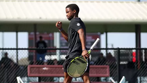 COLLEGE STATION, TX - February 21, 2026 - Kholo Montsi of the Texas A&M Aggies during the game between the Ole Miss Rebels and the Texas A&M Aggies at Mitchell Tennis Center in College Station, TX. Photo By Julianne Shivers/Texas A&M Athletics