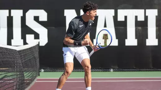 COLLEGE STATION, TX - January 17, 2026 - Tiago Pires of the Texas A&M Aggies during the game between the UT San Antonio Roadrunners and the Texas A&M Aggies at Mitchell Tennis Center in College Station, TX. Photo By Micah Richter/Texas A&M Athletics