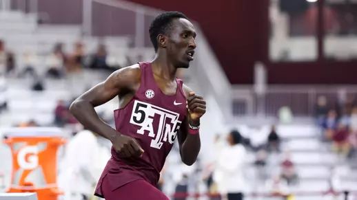 COLLEGE STATION, TX - February 07, 2026 - Michael Kiplagat Moiben of the Texas A&M Aggies during the Charlie Thomas Invitational at R.A. ?Murray? Fasken ?38 Indoor Track & Field in College Station, TX. Photo By Wesley Bowers/Texas A&M Athletics