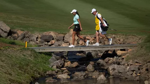 Vanessa Borovilos of Canada walks across the bridge on the No. 15 hole during the second round of the Augusta National Women's Amateur at Champions Retreat Golf Club, Thursday, April 02, 2026.