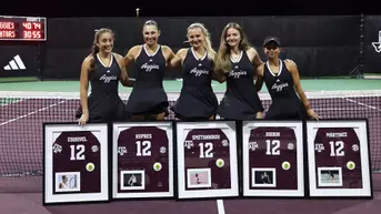 Aggie seniors Avery Esquivel, Mia Kupres, Daria Smetannikov, Nicole Khirin and Violeta Martinez pose during senior night recognition