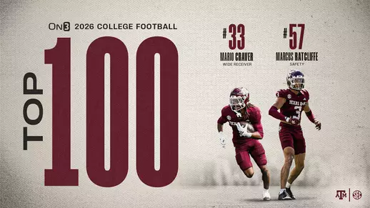 Texas A&M wide receiver Mario Craver and safety Marcus Ratcliffe were both named to On3's Top 100 Players in College Football for 2026 list, the outlet announced Thursday.