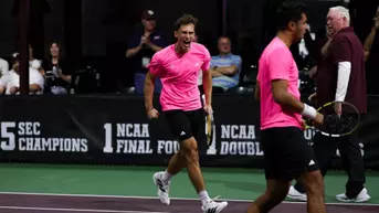 COLLEGE STATION, TX - February 27, 2026 - Theo Papamalamis of the Texas A&M Aggies and Togan Tokac of the Texas A&M Aggies during the game between the Georgia Bulldogs and the Texas A&M Aggies at Mitchell Tennis Center in College Station, TX. Photo By Bailee Wagner/Texas A&M Athletics