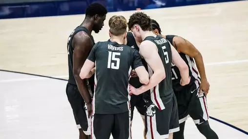 The Cougars huddle before a free throw at Pepperdine, Feb. 28, 2026