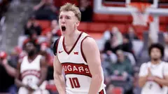 Parker Gerrits celebrates a made basket against Santa Clara