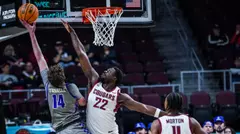 ND Okafor defends a hook shot from Portland, March 6, 2026