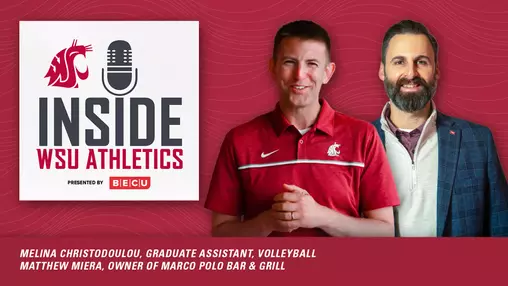 Inside WSU Athletics Podcast Graphic - Guests Melina Chirstodoulou and alum Matt Miera