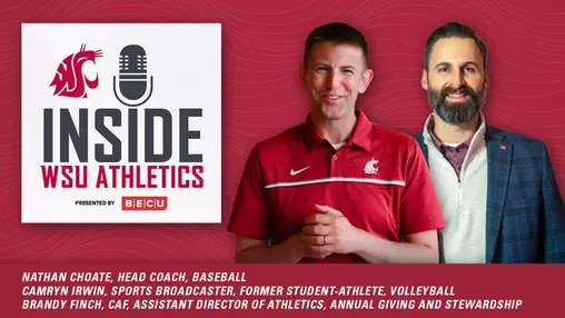 WSU Athletics Podcast Graphic - Guests Nathan Choate, Camryn Irwin and Brandy Finch