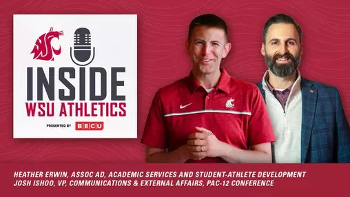 Inside WSU Athletics Podcast Graphic - Guests Heather Erwin and Josh Ishoo