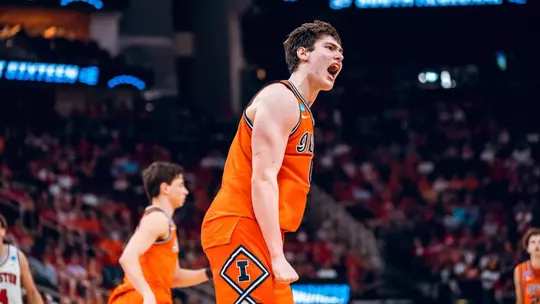 Image Taken At NCAA Tournament Sweet Sixteen Media and Practice, Toyota Center, Houston, TX, Thursday, March 26, 2026. Courtney Bay/Illinois Athletics