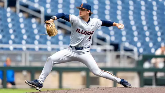 OMAHA, NE - May 19, 2026 - Left Handed Pitcher Regan Hall (#9) during the Big Ten Tournament game between the Iowa Hawkeyes and the Illinois Fighting Illini at Charles Schwab Field in Omaha, NE. Photo By Ashley Ray/Fighting Illini