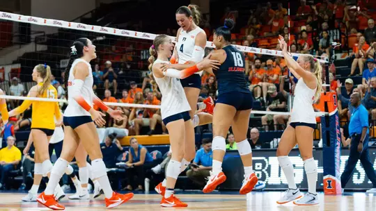 CHAMPAIGN, IL - September 13, 2026 - Ashlyn Philpot (#16),Paityn Chapman (#4), Talita Goncalves (#18) during the match between the Marquette Golden Eagles and the Illinois Fighting Illini at Huff Hall in Champaign, IL. Photo By Andrew Zaragoza/Fighting Illini