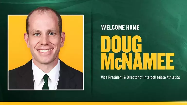 Graphic with image of Doug McNamee with Welcome home and Vice President and Director of Intercollegiate Athletics text
