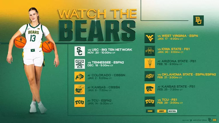 Baylor women's basketball “Watch the Bears” graphic showing Kate Koval in a white No. 13 jersey, holding two basketballs, set against a green and gold background. The 2026-27 national TV schedule lists, with all times Central: Nov. 20, vs. USC, 10 p.m., Big Ten Network Dec. 18, vs. Tennessee, 5 p.m., ESPN2 Jan. 2, at Colorado, 5 p.m., CBS Sports Network Jan. 9, at Kansas, 7:30 p.m., CBS Sports Network Jan. 14, at TCU, 8 p.m., ESPN2 Jan. 17, vs. West Virginia, 4 p.m., ESPN Jan. 30, vs. Iowa State, 3 p.m., FS1 Feb. 16, at Arizona State, 9 p.m., FS1 Feb. 21, vs. Oklahoma State, 3 p.m., ESPN or ESPN2 Feb. 25, at Kansas State, 7:30 p.m., FS1 Feb. 28, vs. TCU, 3 p.m., FS1