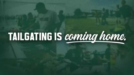 Graphic with photos of tailgating in the background with the words "Tailgating is coming home" on a Graphic