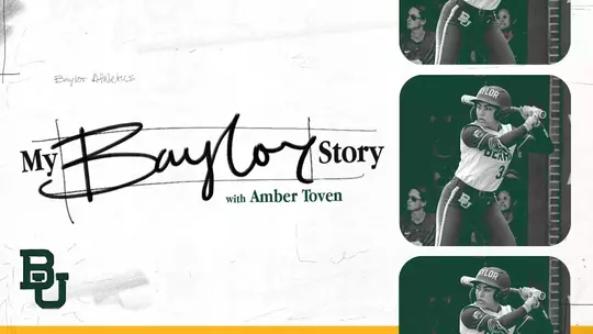 My Baylor Story Graphic with Amber Toven and a photo of Amber Toven playing softball