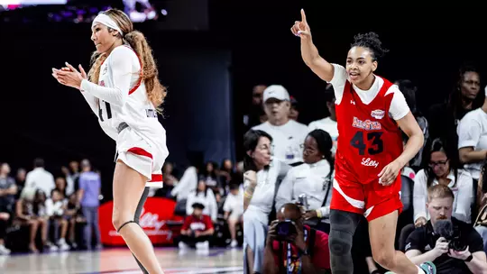 Darianna Littlepage-Buggs and Bella Fontleroy playing in 2026 Lilly Women's College All-Star Game in Phoenix