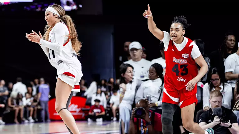 Darianna Littlepage-Buggs and Bella Fontleroy playing in 2026 Lilly Women's College All-Star Game in Phoenix