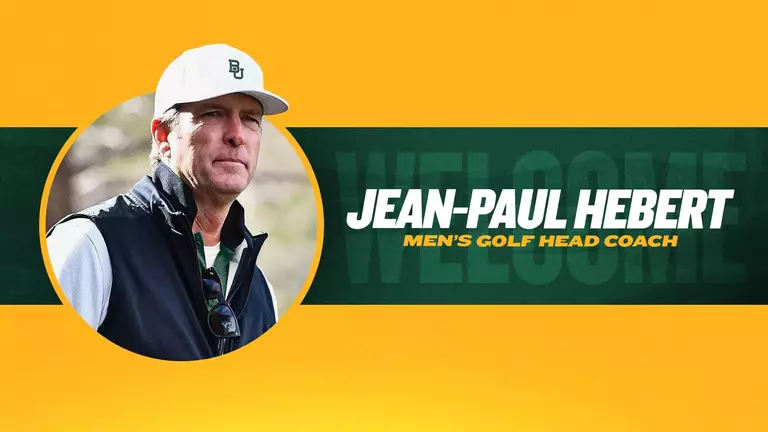 Graphic that has a photo of JP Hebert with "Welcome Jean-Paul Hebert, men's golf head coach" text on the side