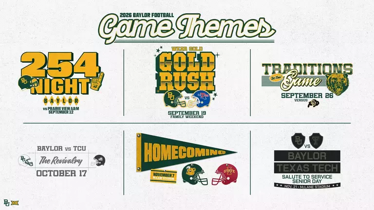 **Alt Text:** Graphic titled “2026 Baylor Football Game Themes” displaying six themed home football games. Top row: 254 Night vs. Prairie View A&M on September 12, Gold Rush (Wear Gold) vs. Louisiana Tech on September 19 during Family Weekend, and Traditions Game vs. Colorado on September 26. Bottom row: The Revivalry vs. TCU on October 17, Homecoming vs. Iowa State on November 7, and Salute to Service/Senior Day vs. Texas Tech on November 21. Design features Baylor green and gold branding, football helmets, Baylor marks, and themed illustrations for each game.