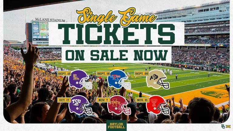 2026 "Baylor Football Single Game tickets on sale now" text with the home schedule listed underneath