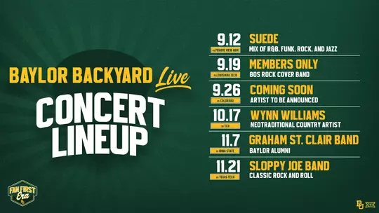 Graphic announcing the Baylor Backyard Live concert lineup for the 2026 Baylor Football home season. September 12 vs. Prairie View A&M: Suede, performing R&B, funk, rock and jazz. September 19 vs. Louisiana Tech: Members Only, '80s rock cover band. September 26 vs. Colorado: Artist to be announced. October 17 vs. TCU: Wynn Williams, neotraditional country artist. November 7 vs. Iowa State: Graham St. Clair Band, Baylor alumni. November 21 vs. Texas Tech: Sloppy Joe Band, classic rock and roll. Fan First Era logo and Baylor Athletics logos appear on the graphic.