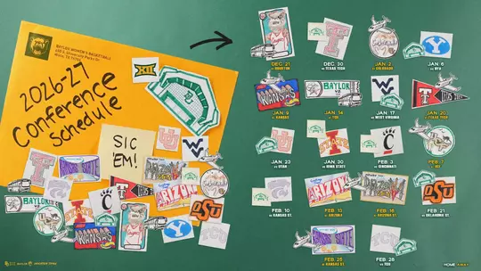 Graphic titled '2026-27 Conference Schedule' for Baylor Women's Basketball, styled as a yellow envelope addressed to Baylor Women's Basketball with a Big 12 logo and Sic 'Em! note, surrounded by hand-drawn team logo stickers. The full Big 12 schedule is listed on the right with team logos: Dec. 21 at Houston, Dec. 30 vs Texas Tech, Jan. 2 at Colorado, Jan. 6 vs BYU, Jan. 9 at Kansas, Jan. 14 at TCU, Jan. 17 vs West Virginia, Jan. 20 at Texas Tech, Jan. 23 vs Utah, Jan. 30 vs Iowa State, Feb. 3 vs Cincinnati, Feb. 7 at Central Florida, Feb. 10 vs Kansas St., Feb. 13 at Arizona, Feb. 16 at Arizona St., Feb. 21 vs Oklahoma St., Feb. 25 at Kansas St., and Feb. 28 vs TCU.