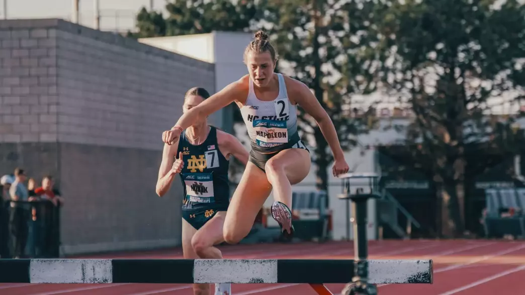 Angelina jumping over a steeple during the 2025 ACC Outdoor Championships