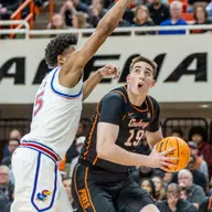 Image Taken at the Oklahoma State Cowboys vs Kansas Jayhawks Basketball Game, Wednesday, February 18, 2026, Galagher-Iba Arena, Stillwater, OK. Bruce Waterfield/OSU Athletics