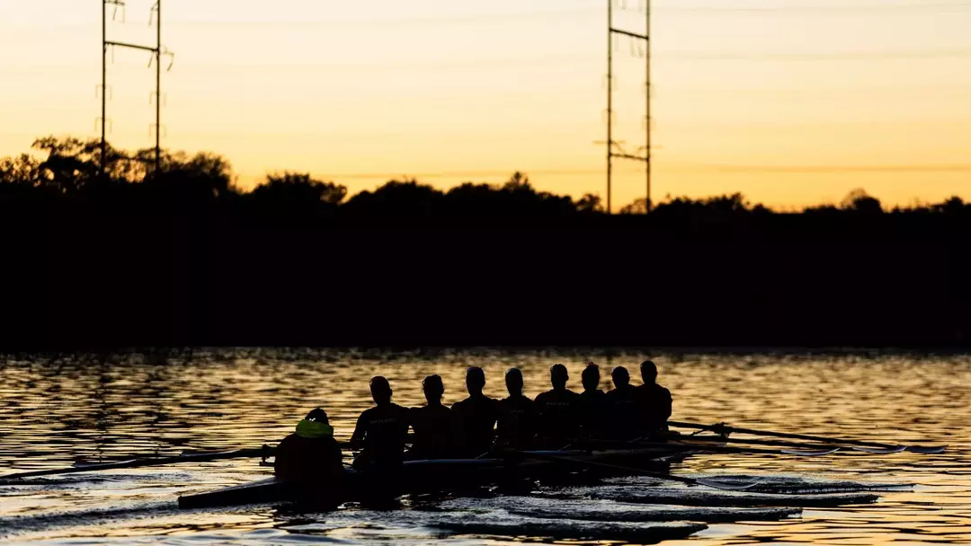 Rutgers women's rowing during early morning practice in the fall of 2025 on the Raritan River in New Brunswick