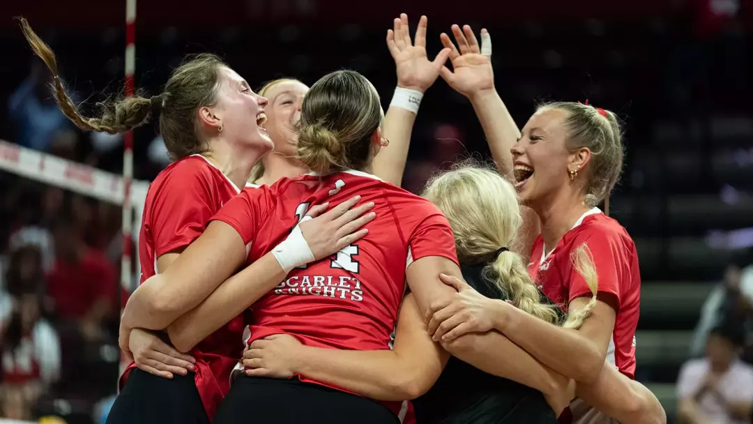 Rutgers volleyball celebrates during its match with Rider at Jersey Mike's Arena