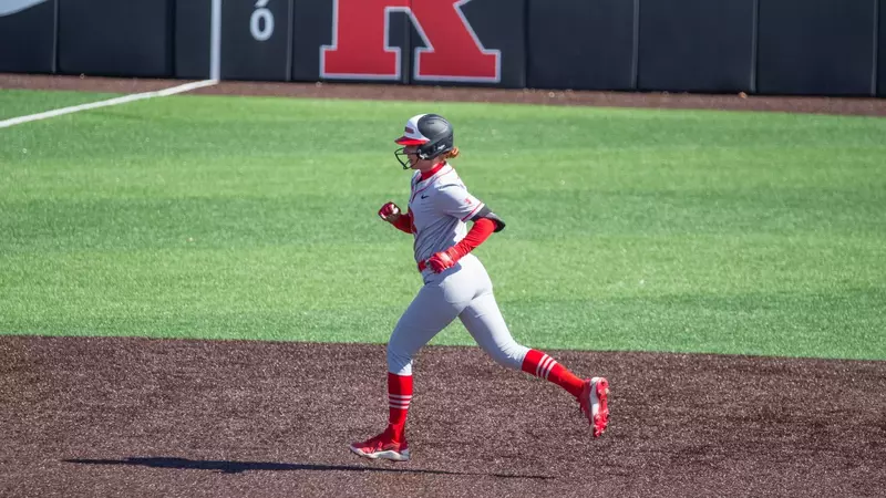 Makenna Coleman approaches third off the first home run at the newly renovated RU Softball Complex in the 8-0 game one victory over FDU