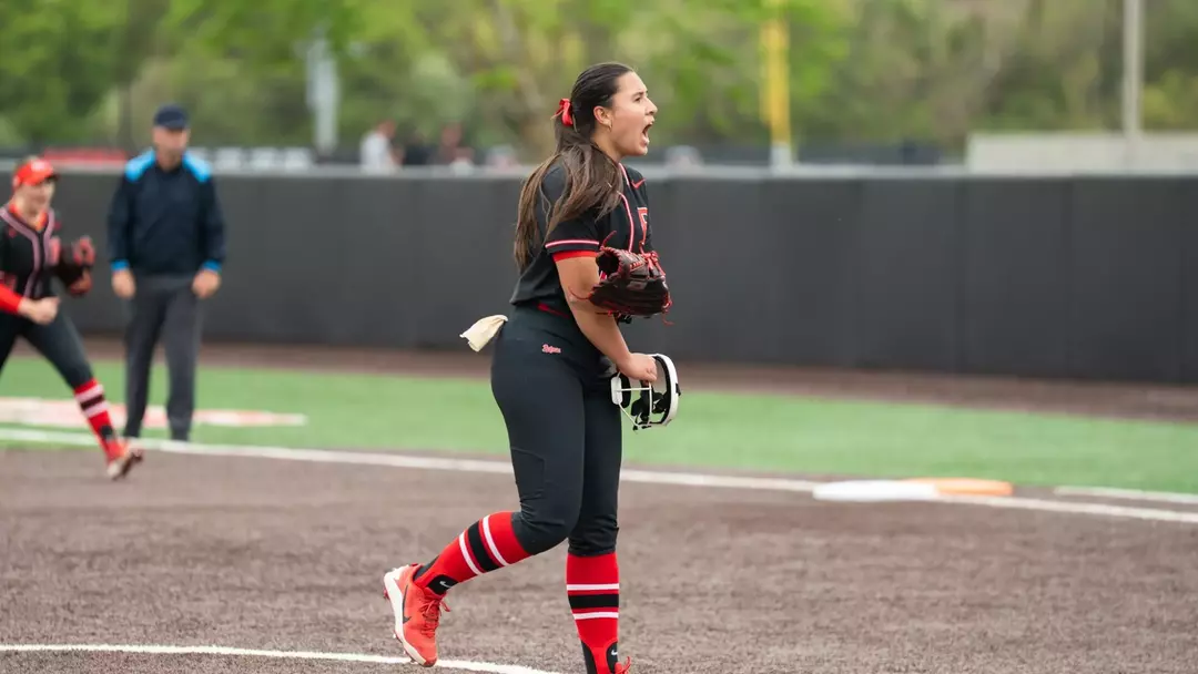 Kassandra Gewecke celebrating the in circle during her no-hitter against Seton Hall at the RU Softball Complex
