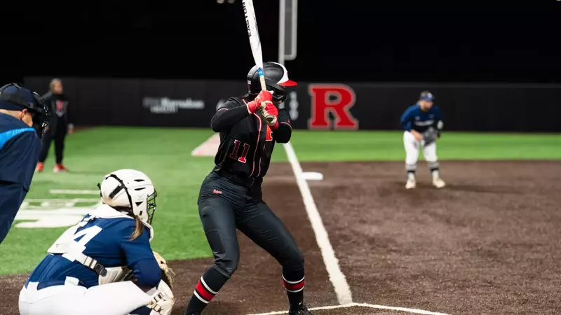Mia Mitchell at bat at the RU Softball Complex during the series opener with Penn State